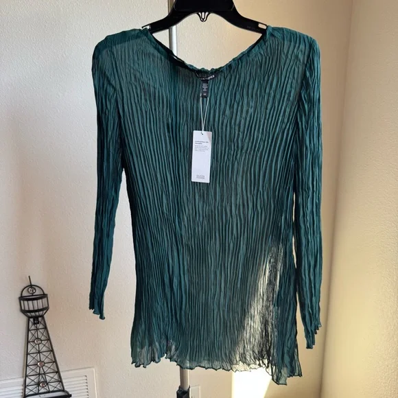 NWT EILEEN FISHER Crinkled Sheer Silk Georgette Bateau Neck Long Top Sz L - Picture 6 of 11